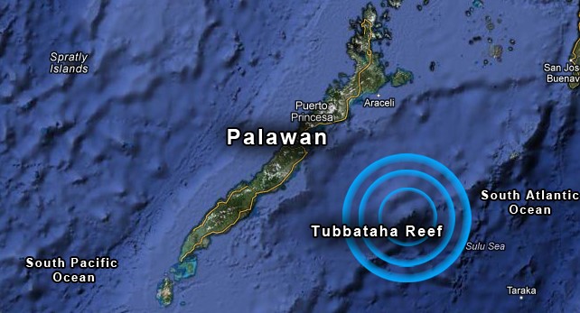 This is a map showing the location of Tubbataha, southeast of Puerta Princesa